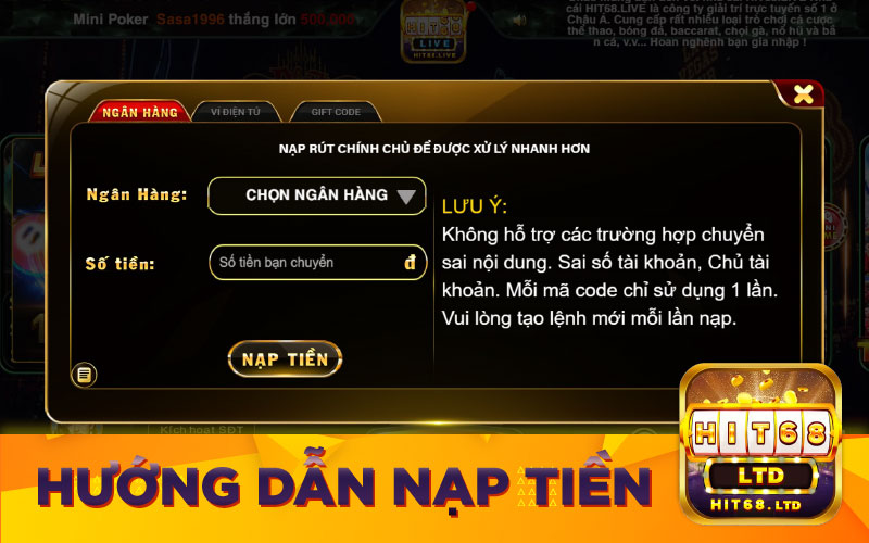 Hướng dẫn nạp tiền HIT68
